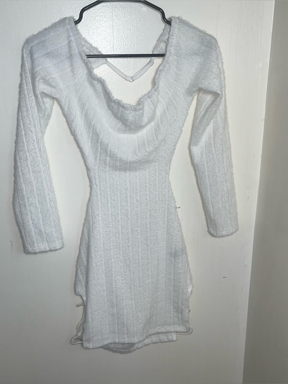 White Fuzzy Backless Long Sleeve Mini Dress